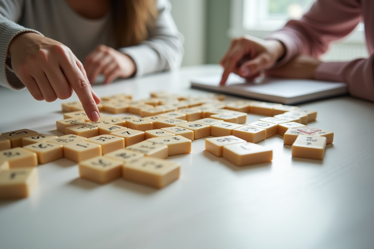 Mains manipulant des tuiles de Rummikub sur une table blanche