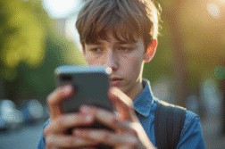 Jeune adulte en plein air tenant un smartphone moderne avec une carte floue