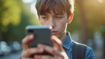 Jeune adulte en plein air tenant un smartphone moderne avec une carte floue