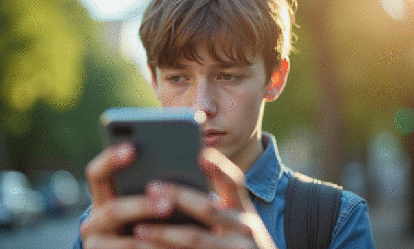 Jeune adulte en plein air tenant un smartphone moderne avec une carte floue