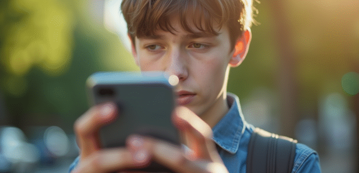 Jeune adulte en plein air tenant un smartphone moderne avec une carte floue