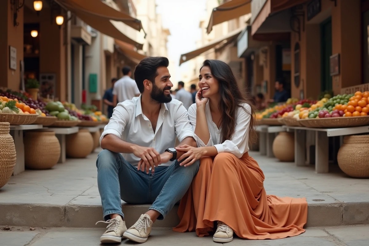 Jeune homme et femme assis dans une ruelle de marché animé