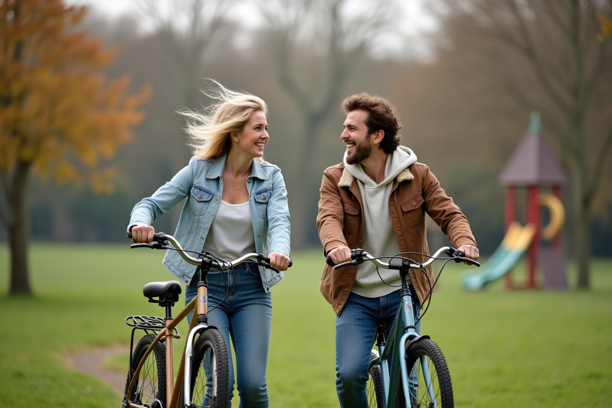 Jeune couple riant avec des vélos dans un parc verdoyant