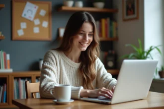 Jeune femme concentrée travaillant sur son ordinateur à la maison