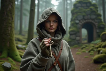 Jeune femme avec clé antique dans forêt mystérieuse