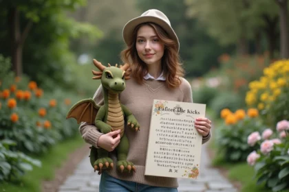 Jeune femme avec dragon en peluche dans un jardin botanique