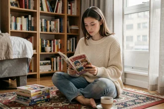 Jeune femme lisant un manga Just Friends en version française sur le sol de sa chambre confortable