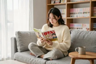 Jeune femme lisant un manga sur un canapé dans un salon minimaliste avec des étagères remplies de mangas