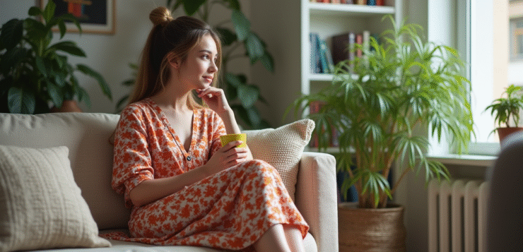 Jeune femme assise sur un canapé moderne dans un salon lumineux