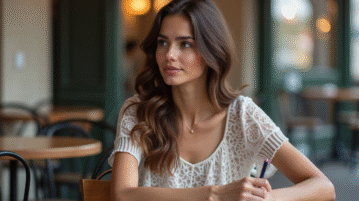 Jeune femme française dans un café parisien en journée