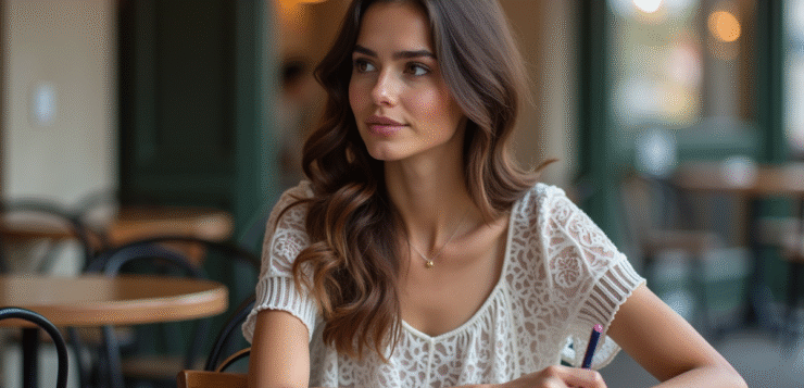 Jeune femme française dans un café parisien en journée