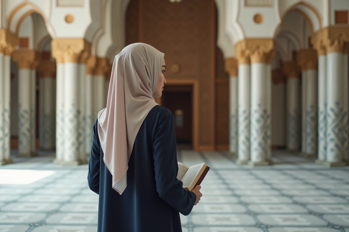 Jeune femme en abaya dans une mosquee paisible