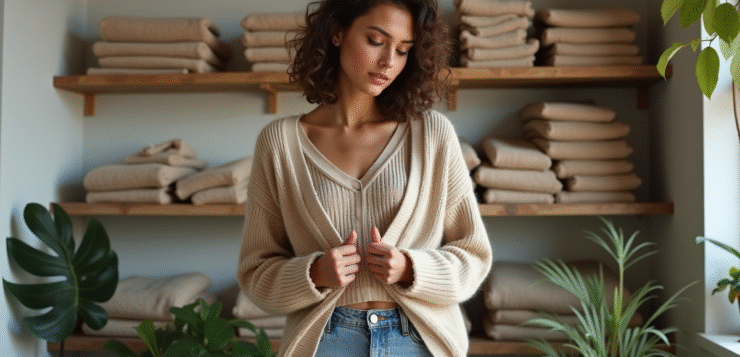 Jeune femme examine un label de vêtement écologique dans une boutique lumineuse