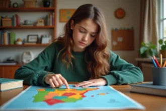 Jeune fille pointant une carte de l'Espagne dans sa chambre