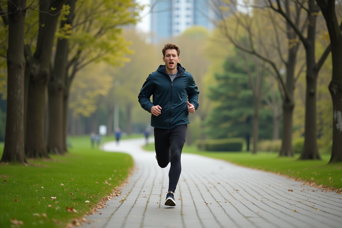 Jeune homme courant dans un parc urbain en mouvement