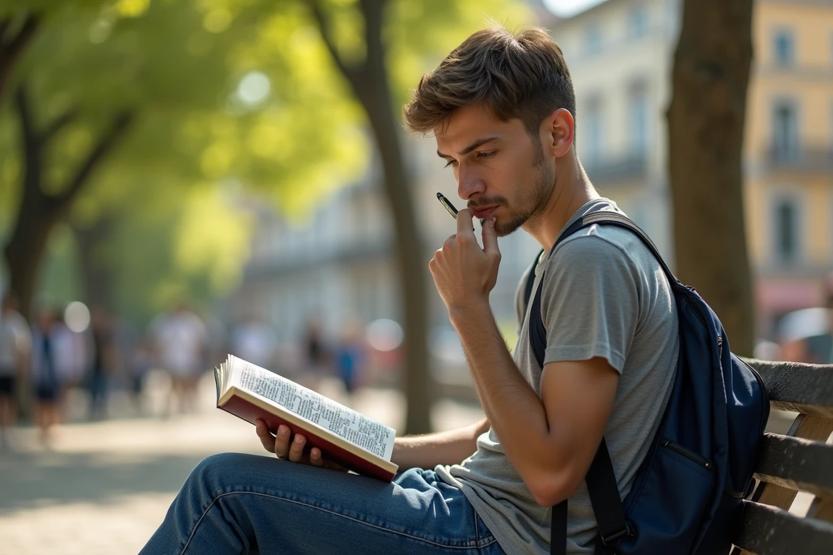 Jeune homme étudiant un livre de croixsudoku dans un parc urbain