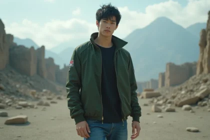 Jeune homme confiant dans un paysage rocheux dramatique