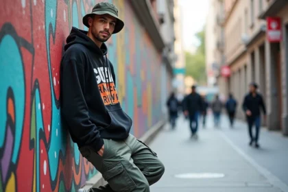 Jeune homme décontracté contre un mur graffité en ville