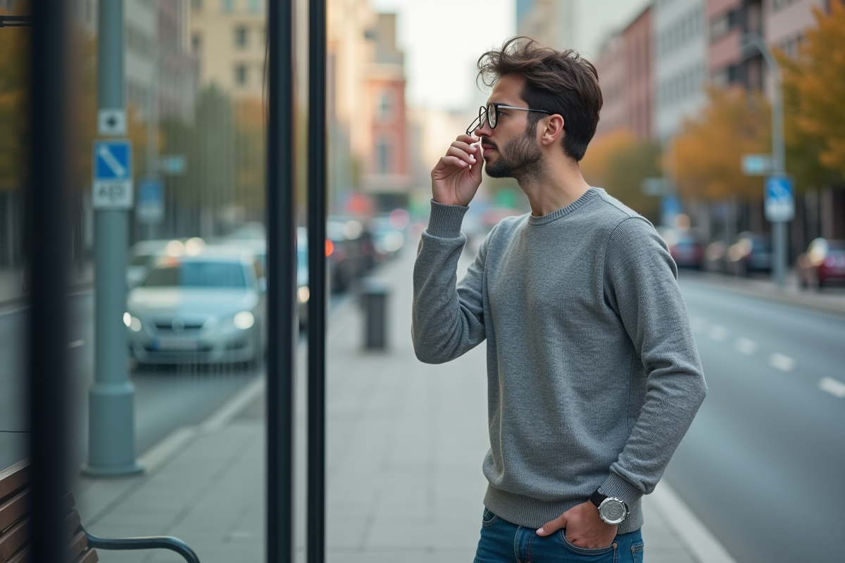 Jeune homme avec lunettes attend un bus en ville