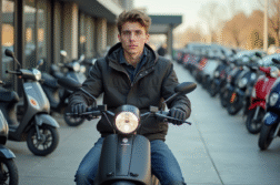 Jeune homme assis sur une moto 50cc dans un concessionnaire