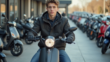 Jeune homme assis sur une moto 50cc dans un concessionnaire