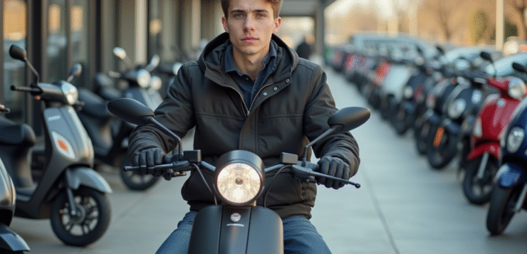 Jeune homme assis sur une moto 50cc dans un concessionnaire