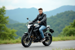 Jeune homme en biker jacket sur une moto Avengers 125 en extérieur