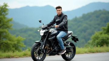 Jeune homme en biker jacket sur une moto Avengers 125 en extérieur