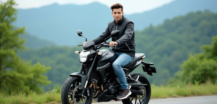 Jeune homme en biker jacket sur une moto Avengers 125 en extérieur