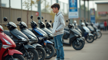 Jeune garçon regardant des motos 50cc en concession