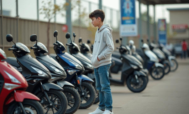 Jeune garçon regardant des motos 50cc en concession