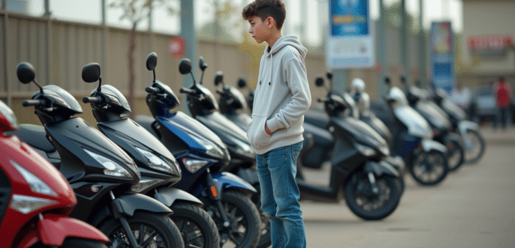 Jeune garçon regardant des motos 50cc en concession