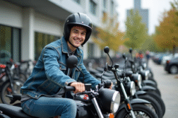 Jeune homme souriant inspectant une moto 50cc en ville