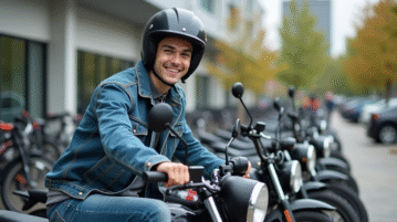 Jeune homme souriant inspectant une moto 50cc en ville