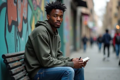 Jeune homme noir assis sur un banc urbain en train d'écrire