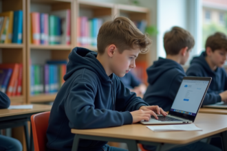 Adolescent utilisant un ordinateur avec interface MBN en classe