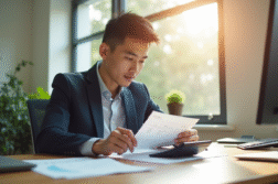 Jeune professionnel examine ses bulletins de salaire