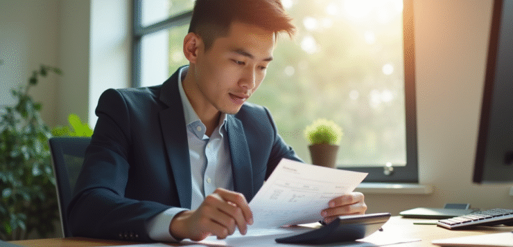 Jeune professionnel examine ses bulletins de salaire