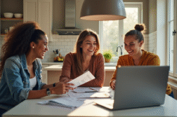 Jeunes adultes discutant de finances autour d'une table ensoleillée