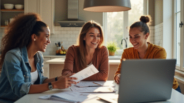 Jeunes adultes discutant de finances autour d'une table ensoleillée