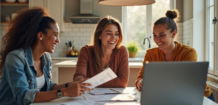 Jeunes adultes discutant de finances autour d'une table ensoleillée