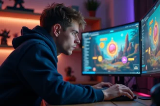 Joueur adulte concentré devant un écran affichant un portail de jeu fantastique type Dofusportal avec statistiques et cartes de portails