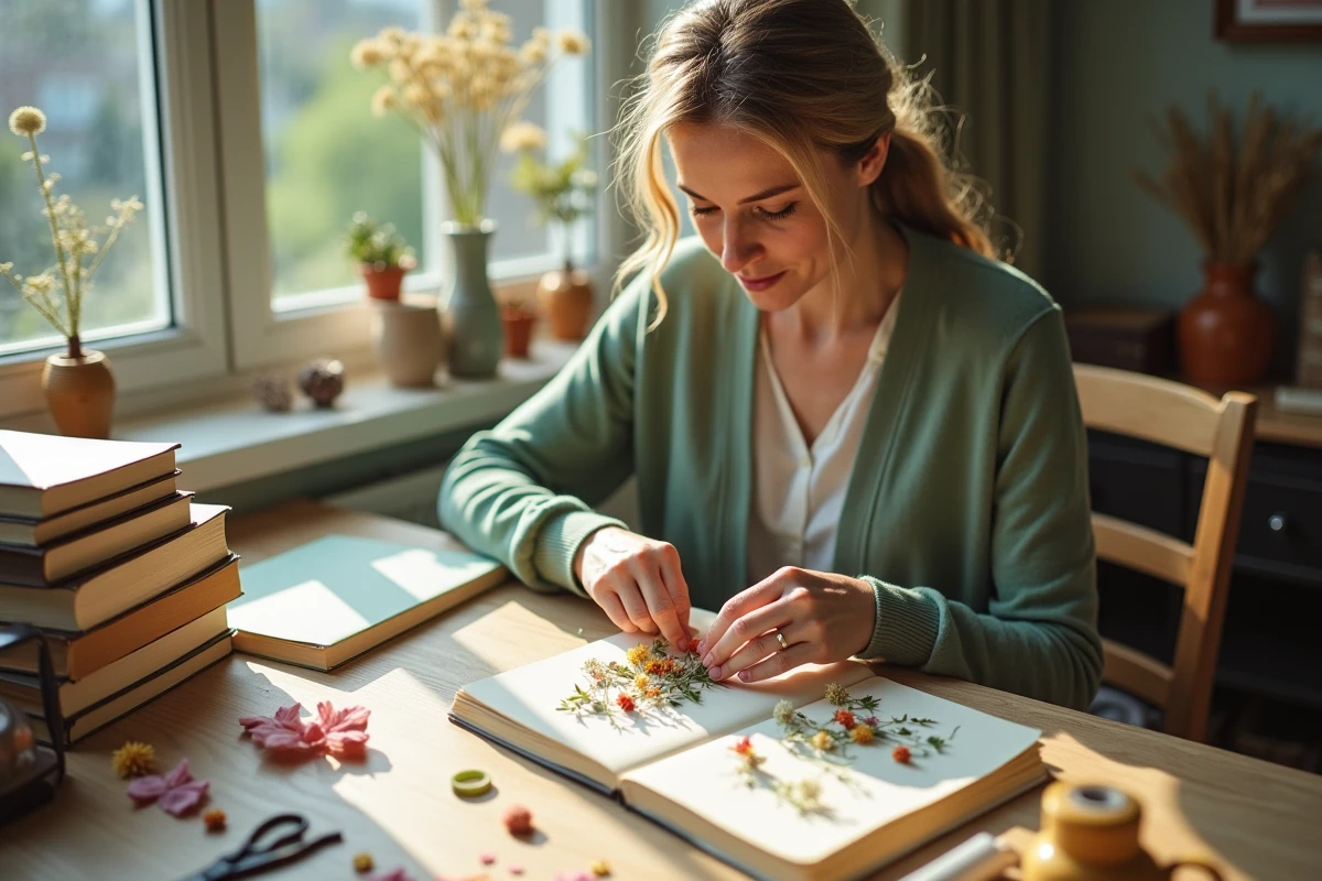 Femme adulte créant un journal botanique artisanal à son bureau, activité créative DIY à offrir en cadeau