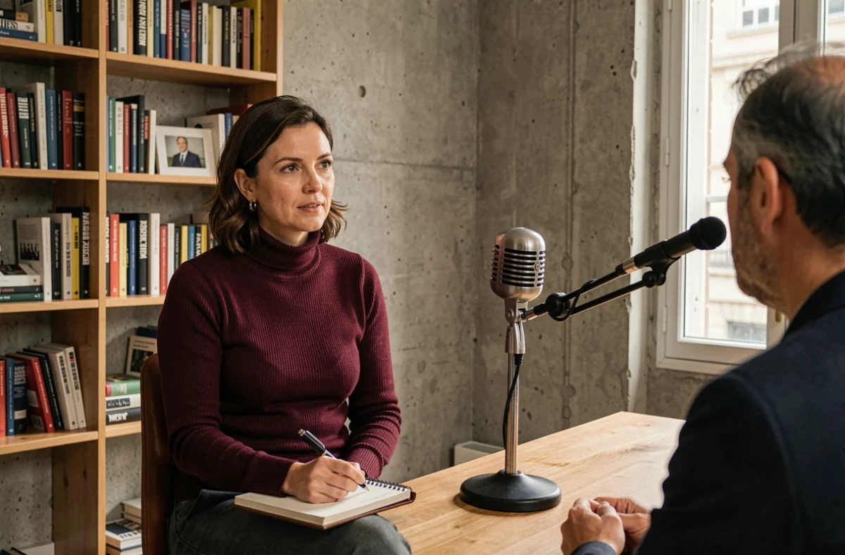 Journaliste en interview dans un studio parisien minimaliste, tenue bordeaux, ambiance éditoriale et professionnelle