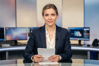 Journaliste professionnelle assise au bureau d'un plateau de télévision, style Canal+, blazer marine et expression assurée