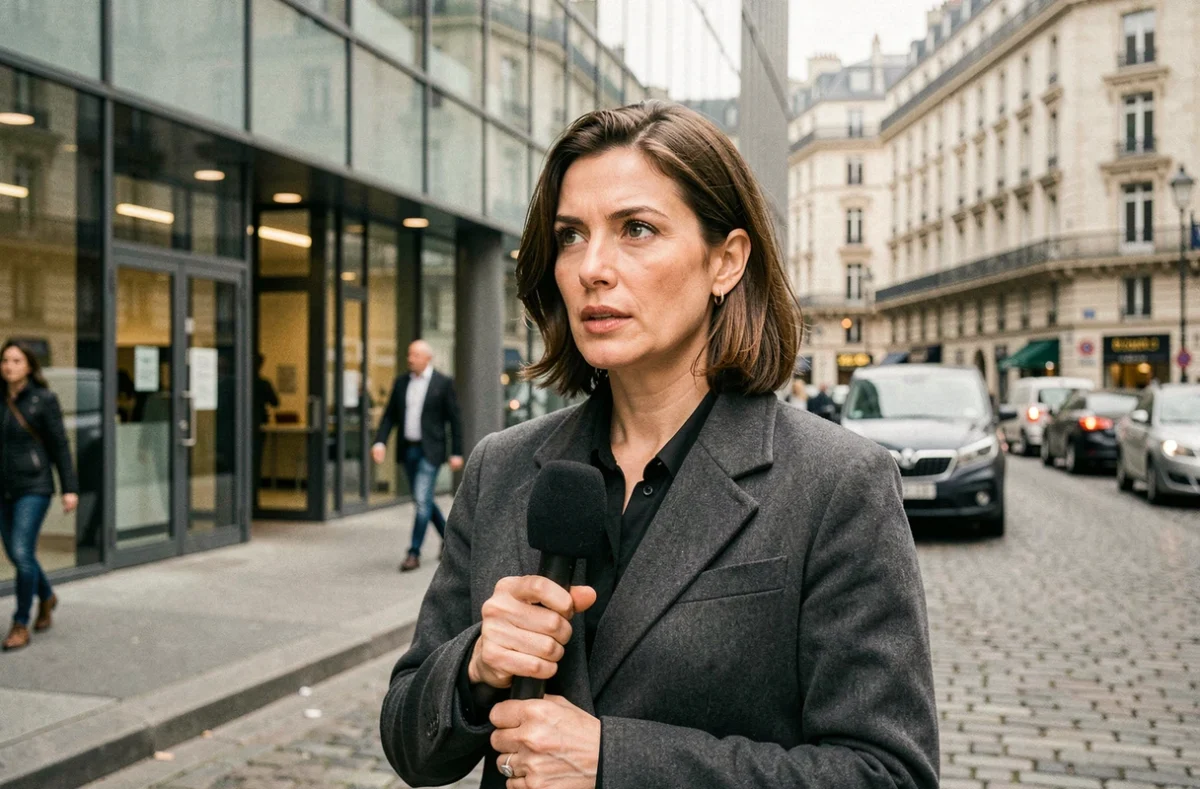 Journaliste française en reportage extérieur devant un bâtiment médiatique parisien moderne, micro en main