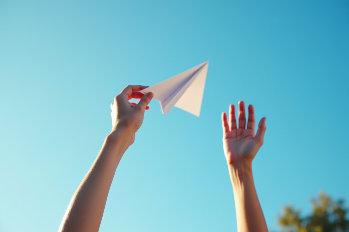 Deux mains lançant un avion en papier dans le ciel bleu