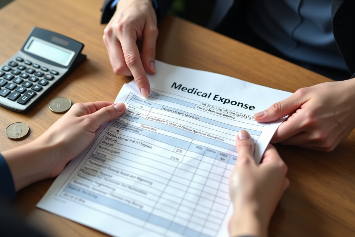 Mains tenant un document médical rejeté avec calculatrice et pièces