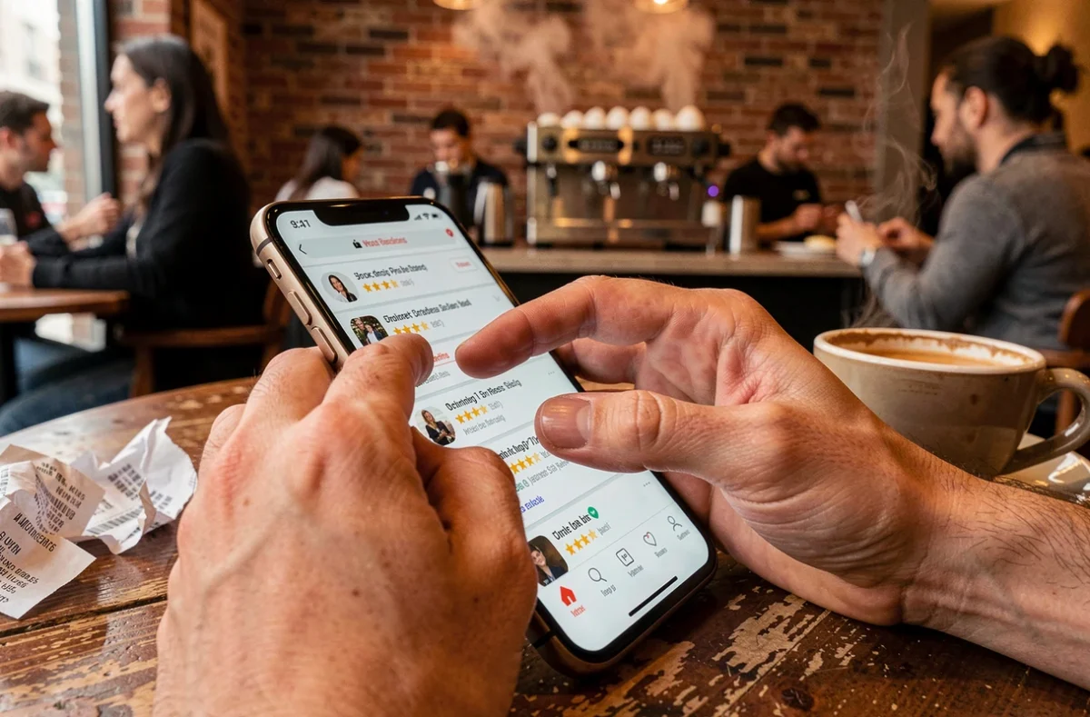 Gros plan sur des mains consultant des avis utilisateurs sur un smartphone dans un café, évoquant la recherche de fiabilité et de confiance envers un service en ligne