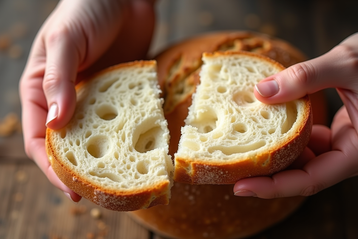 Mains déchirant un pain rustique avec mie légère et aérée